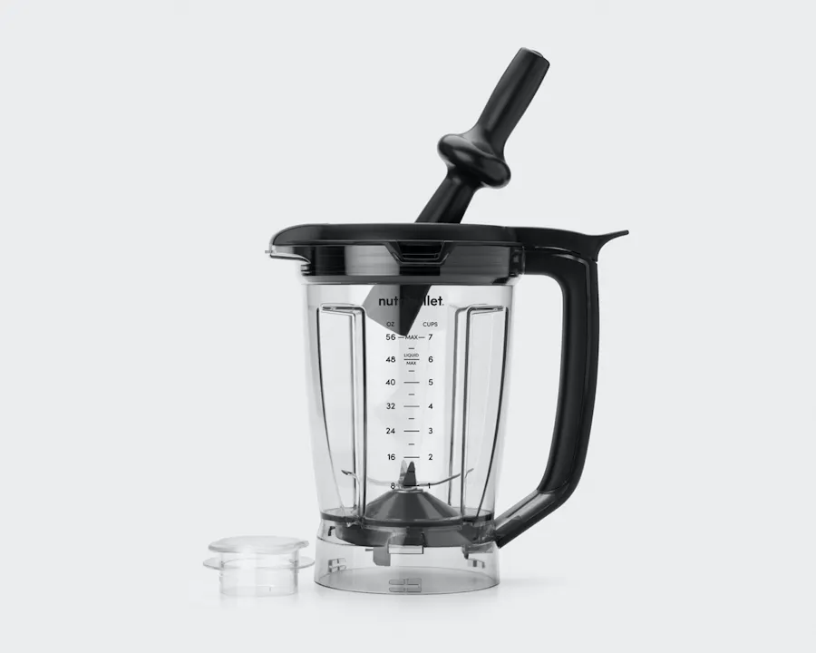 nutribullet Smart Touch Blender 56 oz pitcher and tamper set on gray background.