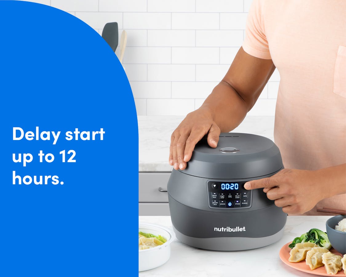 The nutribullet EveryGrain Cooker is being configured in the digital display, with the text "Delay start up to 12 hours."