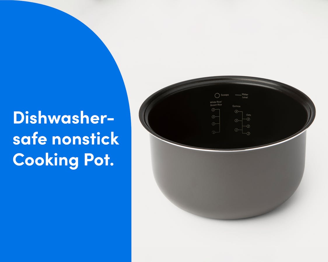 Close-up image of the cooking pot, with the text "Dishwasher-safe nonstick cooking pot".