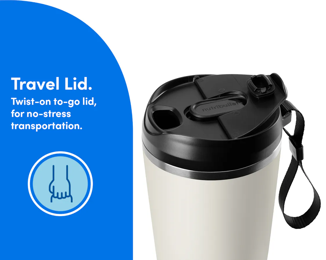 Closeup image of the to-go lid with carry strap attached to the Linen insulated tumbler. Travel lid. Twist-on to-go lid, for no-stress transportation.