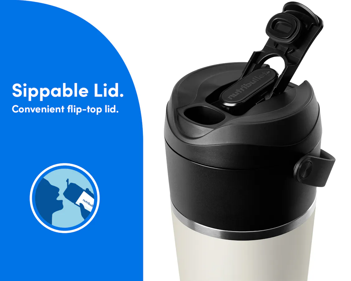 Zoomed-in image of the sip-through blade with the flip-top lid open to reveal the sipping spout. It is attached to the Linen insulated tumbler. Sippable lid. Convenient flip-top lid.