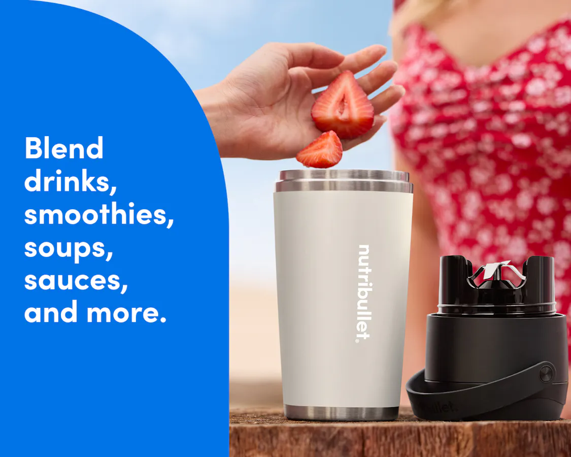 Woman putting strawberries into the nutribullet Flip to blend. Blend drinks, smoothies, soups, sauces, and more.