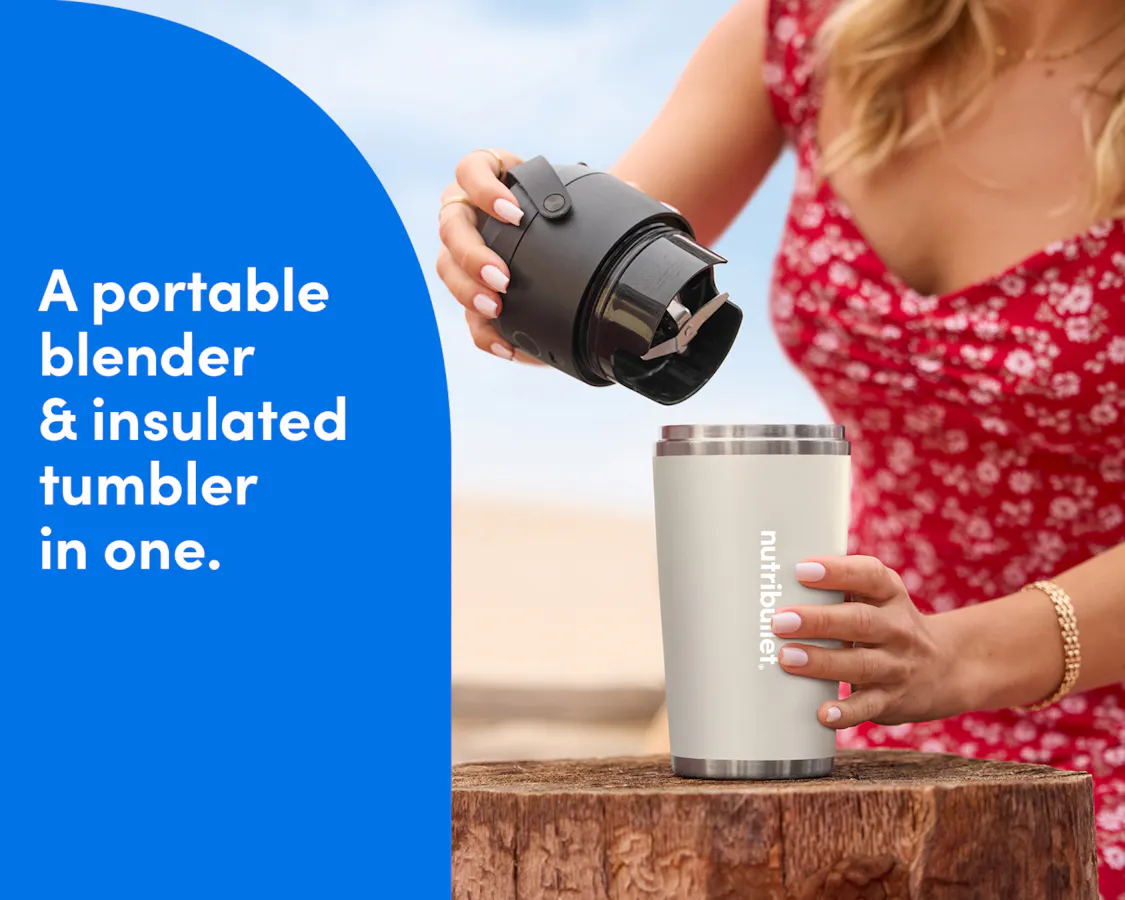 Woman holding the nutribullet Flip. A portable blender & insulated tumbler in one.