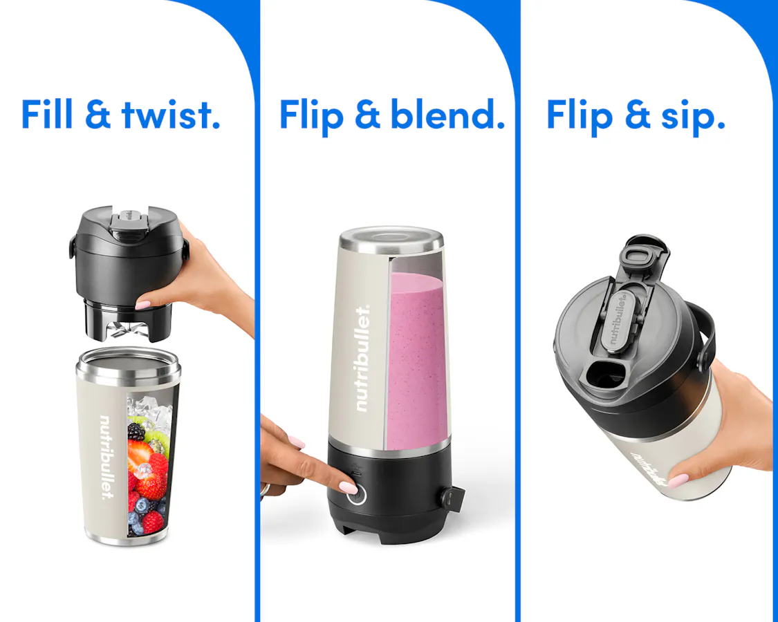 Images of the Linen nutribullet Flip with the steps to use. Fill & twist, flip & blend, flip & sip.