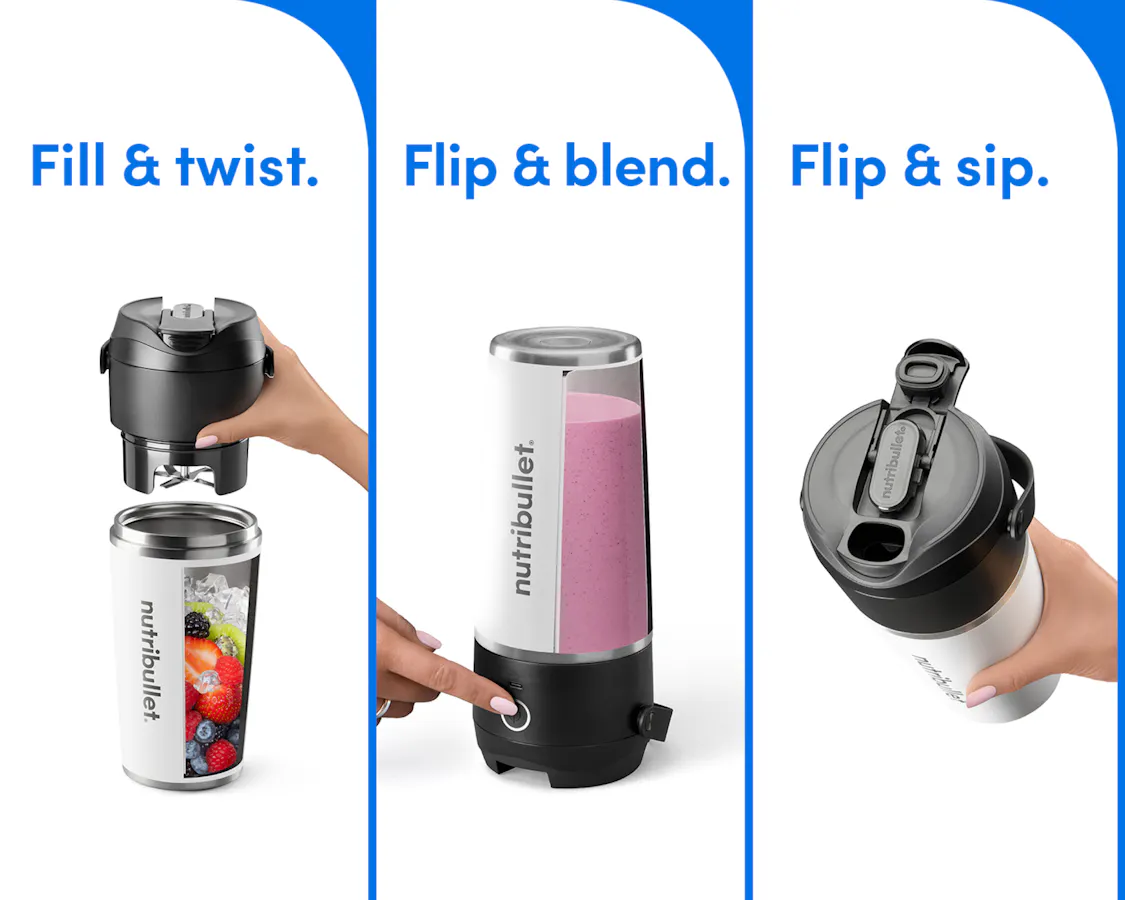 Images of the white nutribullet Flip with the steps to use. Fill & twist, flip & blend, flip & sip.
