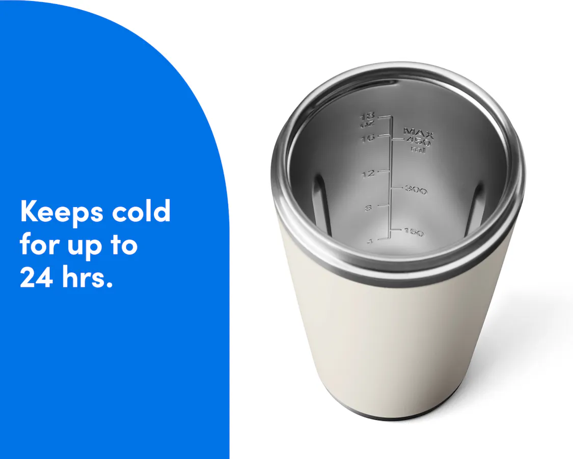 Overhead view of the Linen insulated tumbler with measuring units visible on the tumbler's interior. Keeps cold for up to 24 hrs.