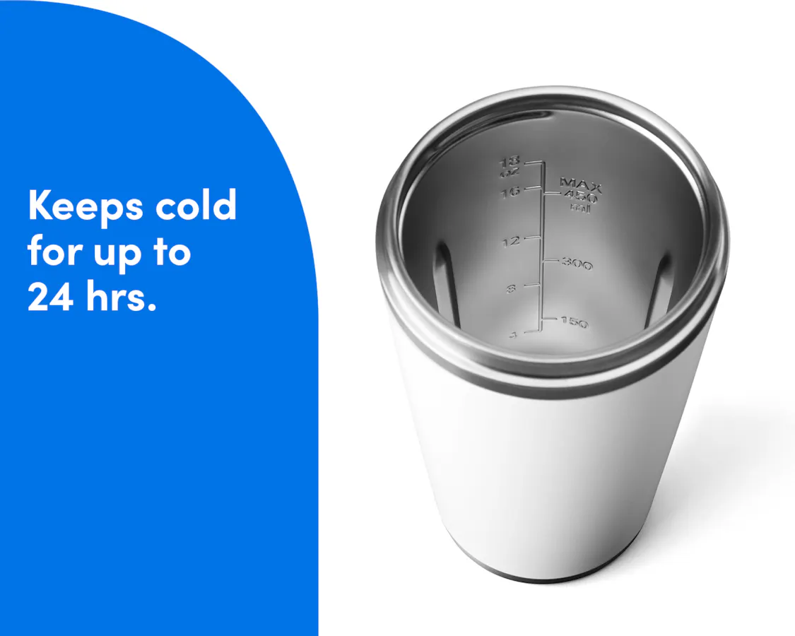 Overhead view of the white insulated tumbler with measuring units visible on the tumbler's interior. Keeps cold for up to 24 hrs.