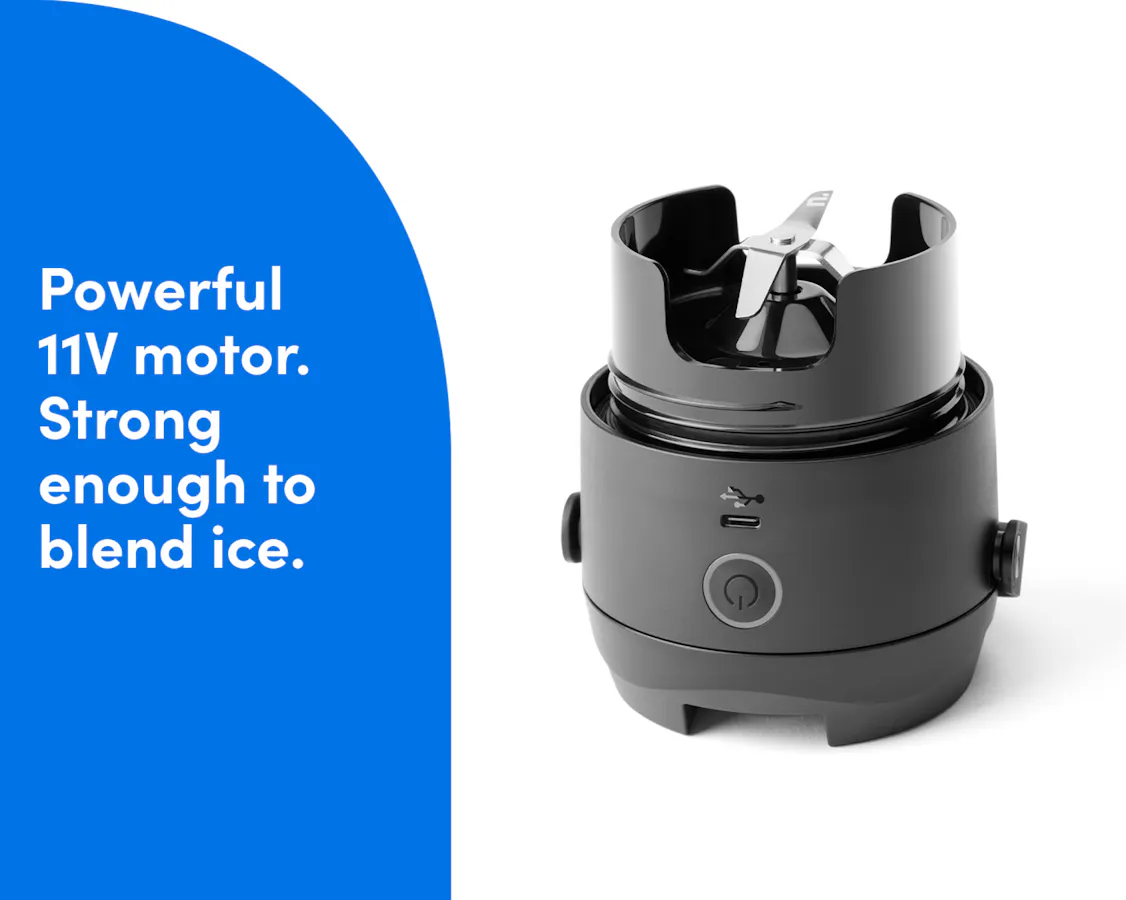 Closeup image of the white nutribullet Flip attached blades. Powerful 11V motor. Strong enough to blend ice.